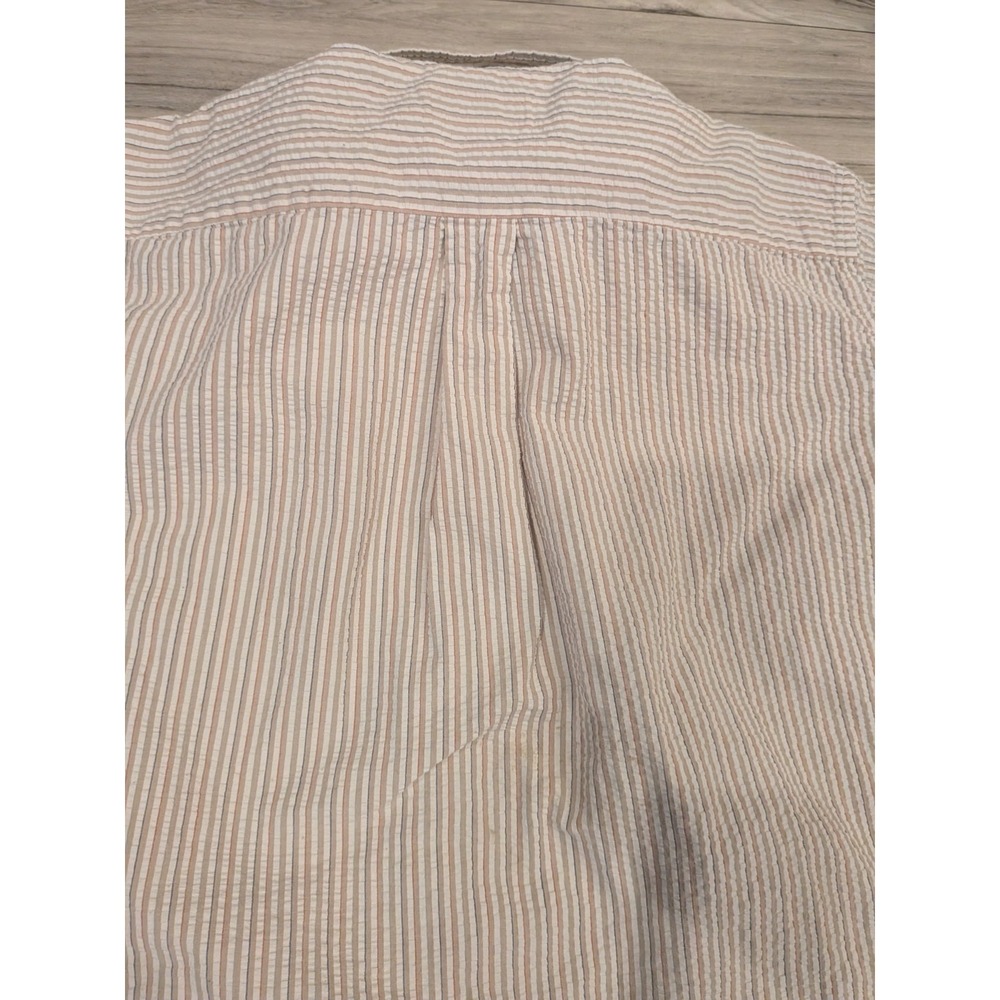 LL Bean Seersucker Shirt Mens L Tan Striped Short Sleeve Button Up Vintage USA - Picture 12 of 16